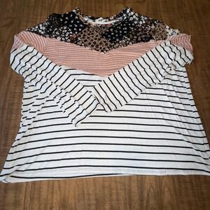 Haptics Loose Fit Long Sleeve Top Pullover Women's Floral Stripe Multicolor 3X‎